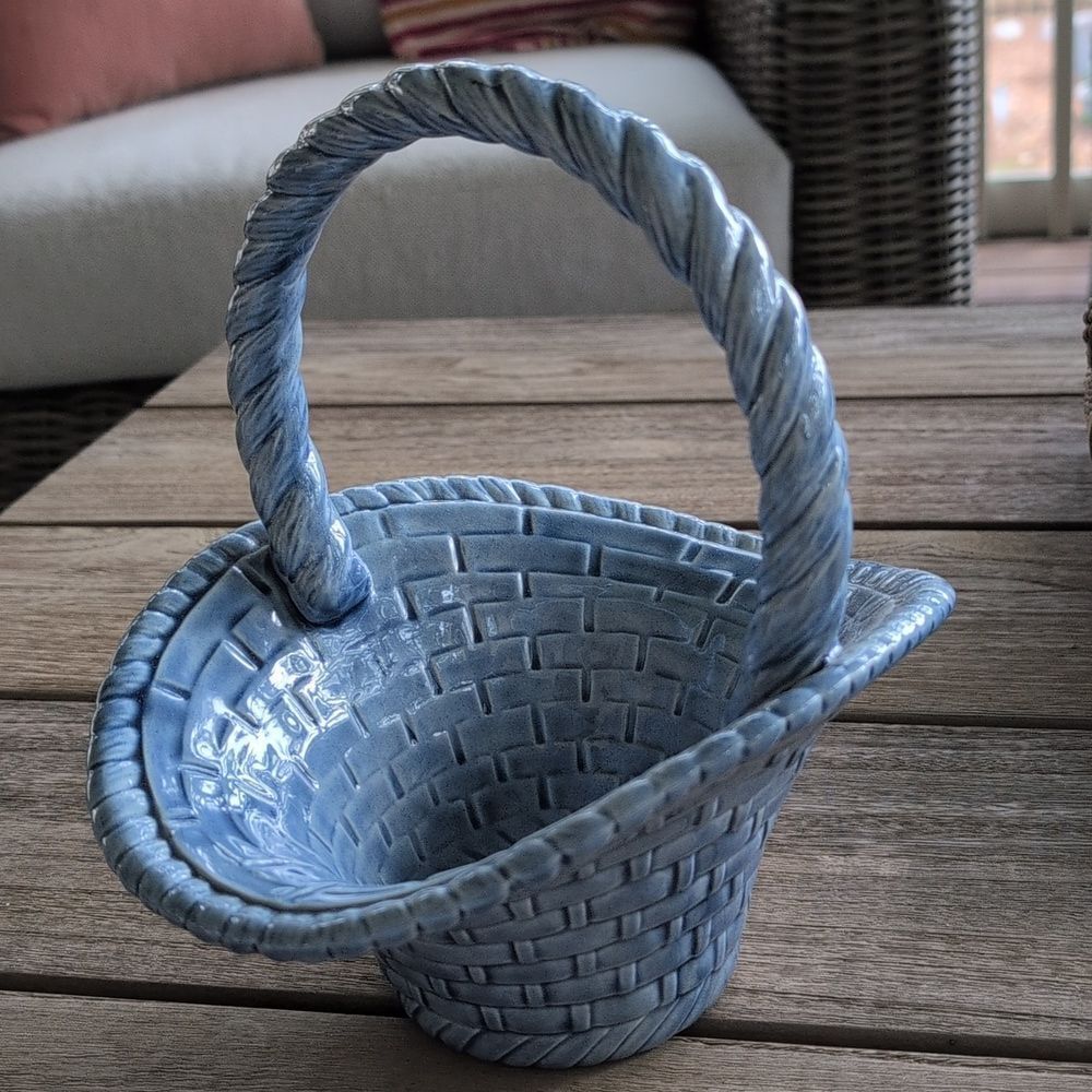 Vintage Handpainted Blue Glazed Ceramic Basket with Handle